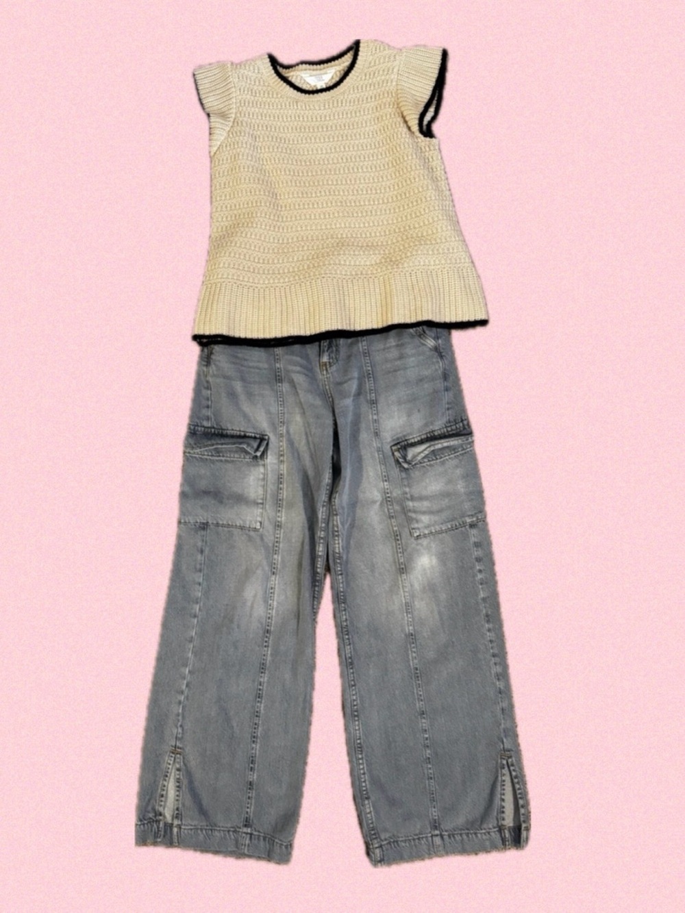 Time and Tru Cream Knit Top with Black Neck Trim